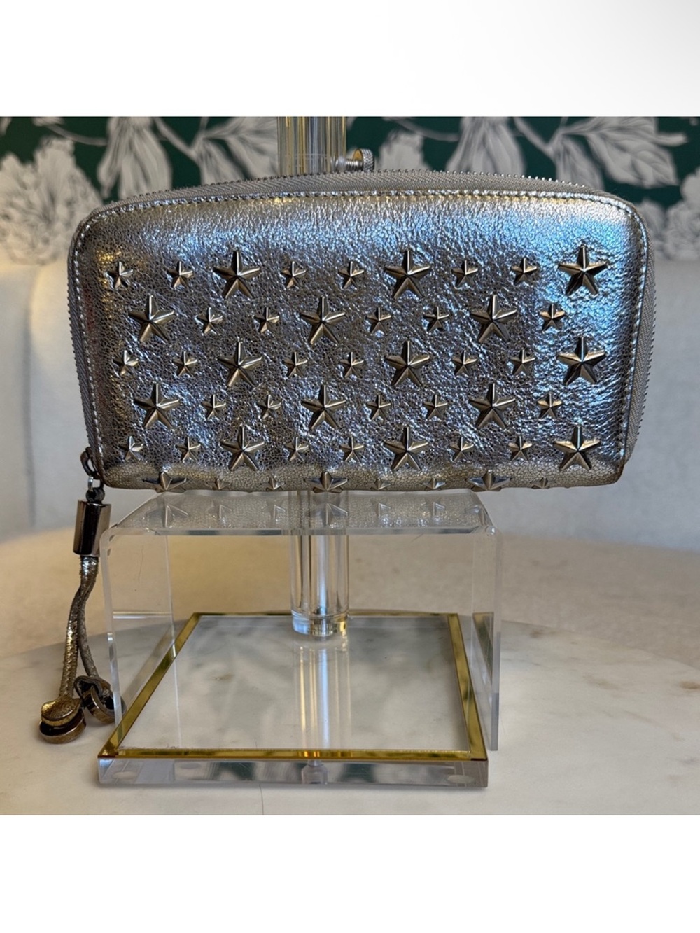 Jimmy Choo Silver Star-Studded Zip Long Wallet EUC with Leather & Metal Charm